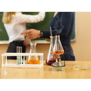 Chemistry laboratory glassware with liquid formula